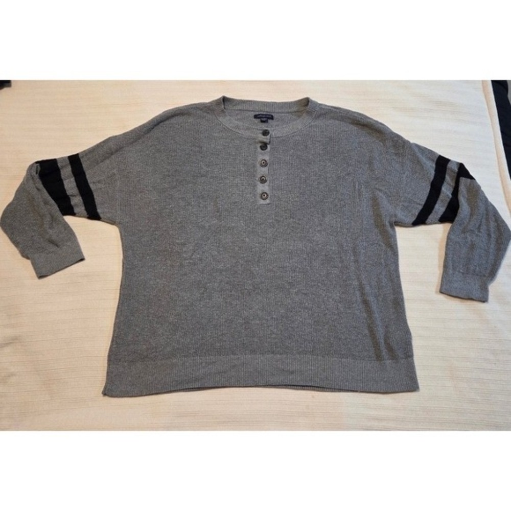 Men's Varisty Stripe Henley‎ Cozy Knit Pullover Sweater Grey Ribbed XXL